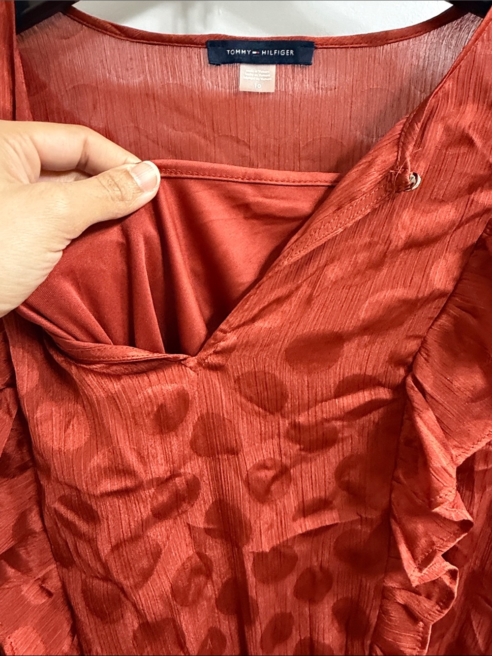 Tommy Hilfiger Women's Ruffle V-Neck Dot Dress - Rust Red - Picture 2 of 7